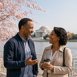 A man and woman smile and talk while standing outdoors near water, with cherry blossoms and the Jefferson Memorial in the background. The woman holds a coffee cup. It’s a sunny day.