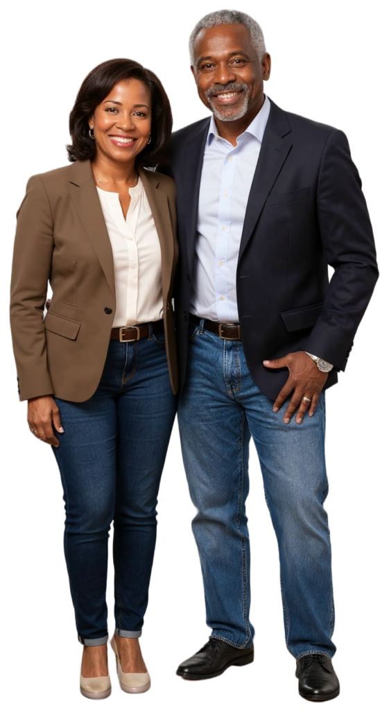 A smiling man and woman stand side by side, both wearing blazers, jeans, and dress shoes. The man has gray hair and a beard; the woman has shoulder-length dark hair. They appear happy and confident, embracing life despite hearing loss.
